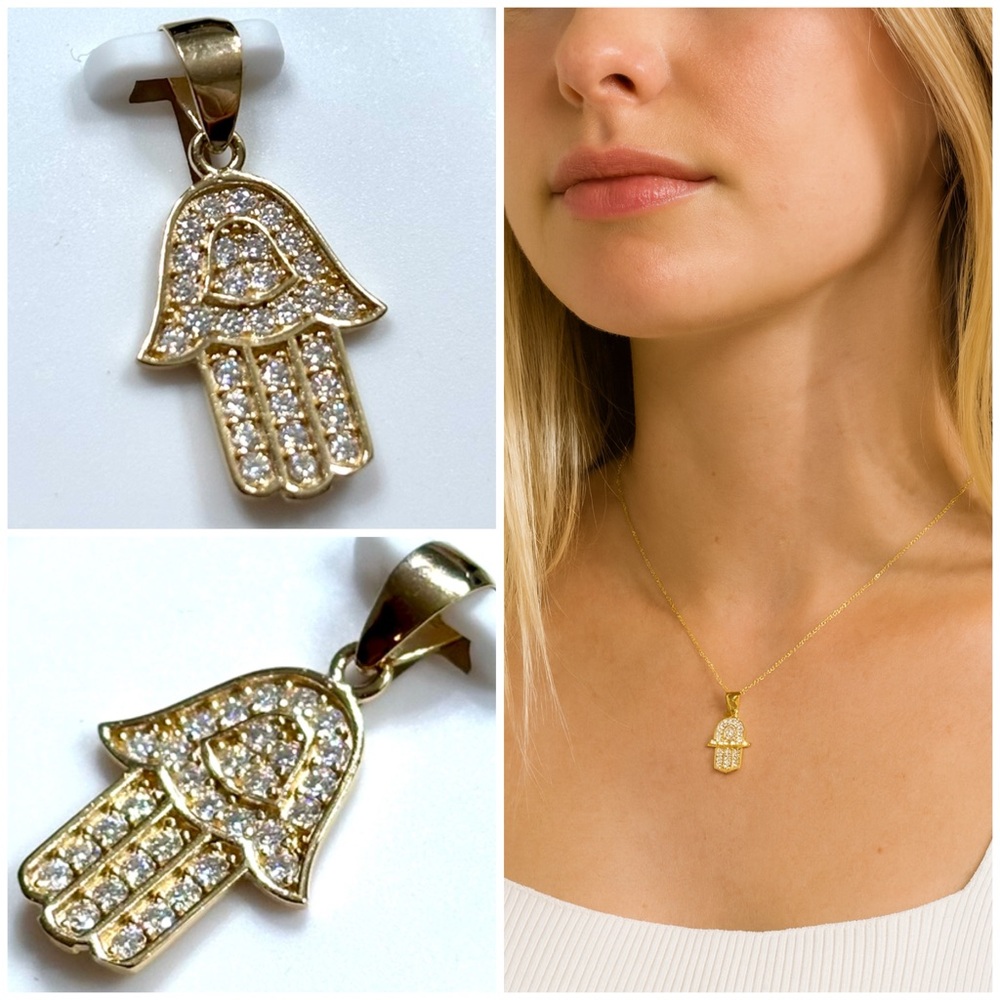 Moissanite and Gold over 925 Sterling Silver Hamsa Pendant